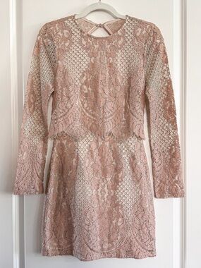 NWT Missguided Nude Lace Open Back Mini Dress Long Sleeve Wedding S